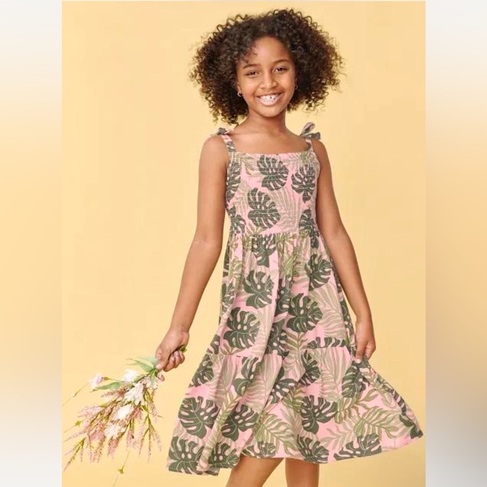 Children’s Place Girls Size 7/8 Tropical Monstera Pink Green‎ Summer Dress